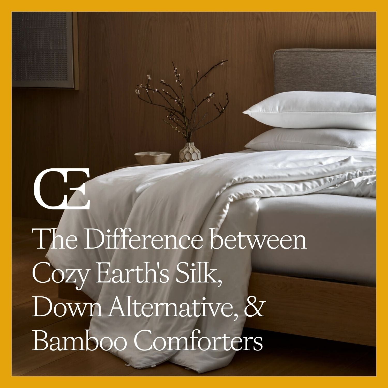 a bed with a white comforter draped across it