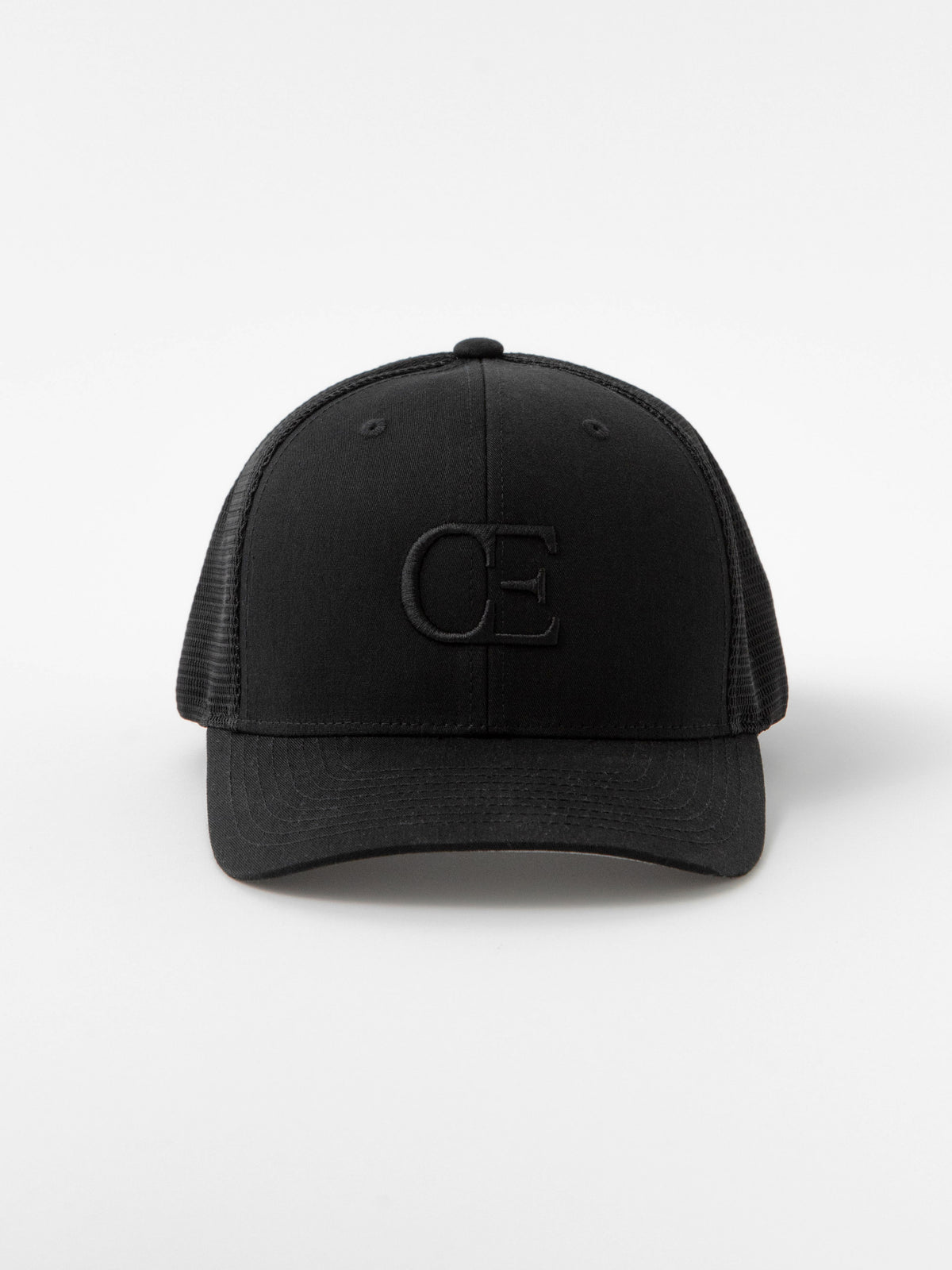 Black cap with a CE logo on a light gray background 