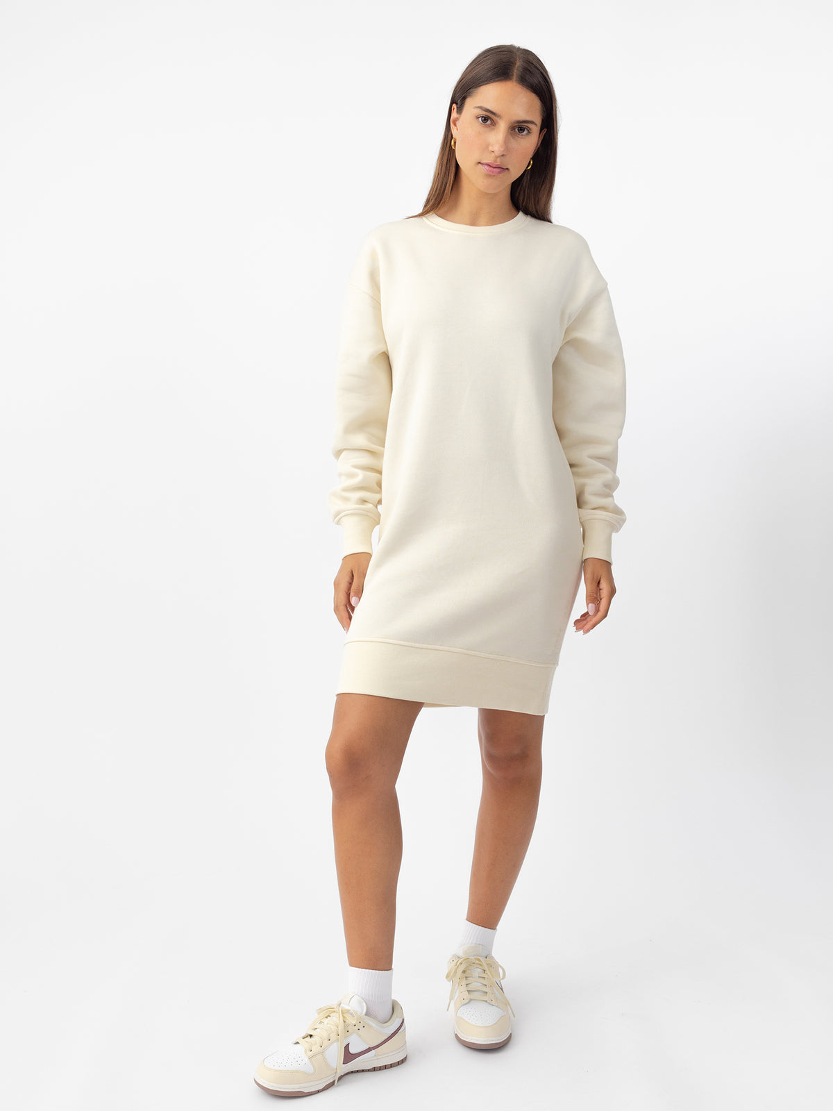 Woman wearing Alabaster CityScape Crewneck Dress with white background |Color:Alabaster