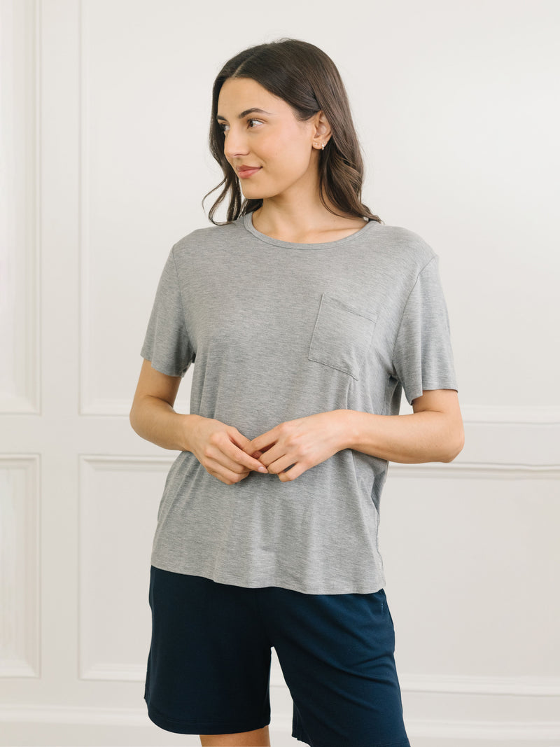 Woman wearing Cozy Earth Bamboo Lounge Tee in grey