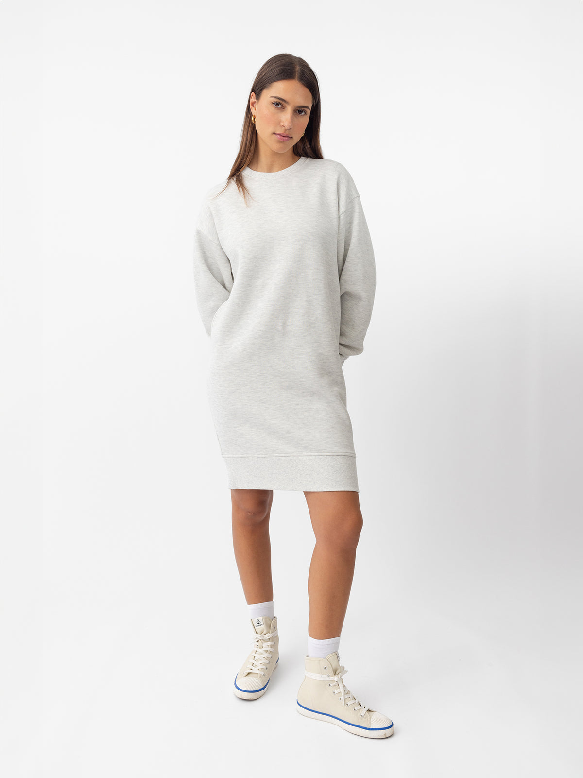 Woman wearing Heather Grey CityScape Crewneck Dress with white background |Color:Heather Grey