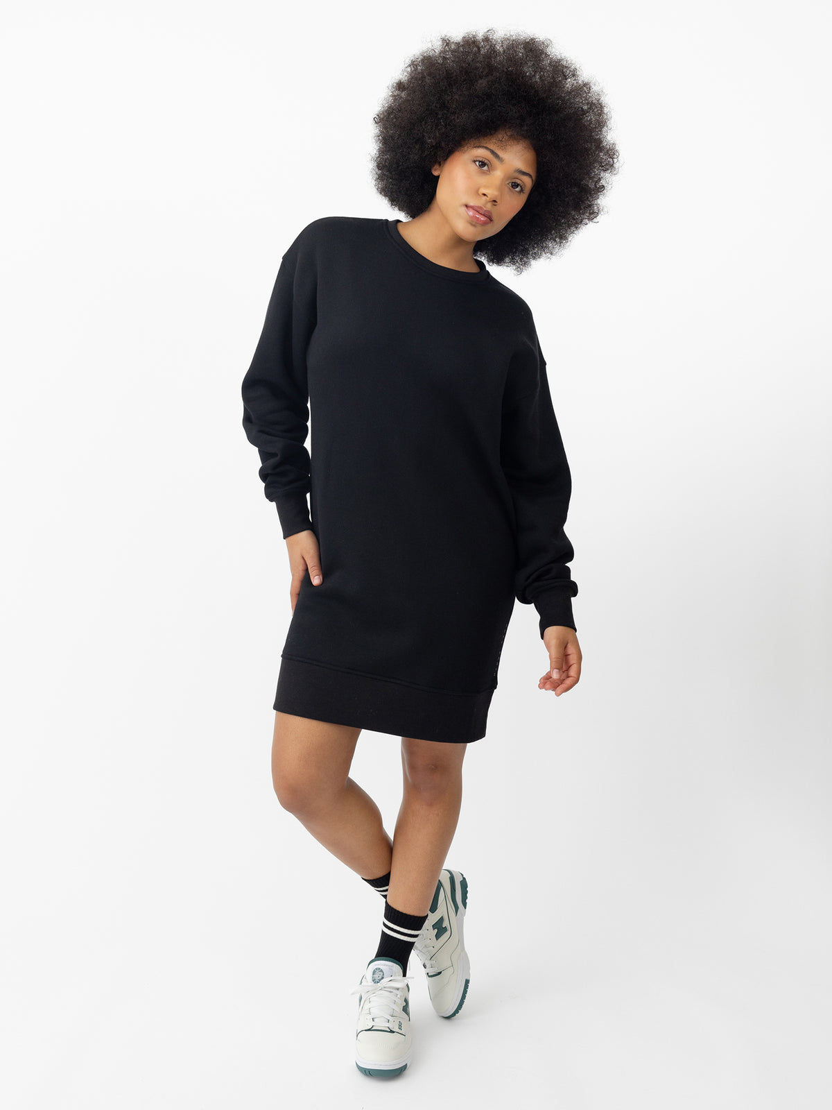 Woman wearing Black CityScape Crewneck Dress with white background |Color:Black