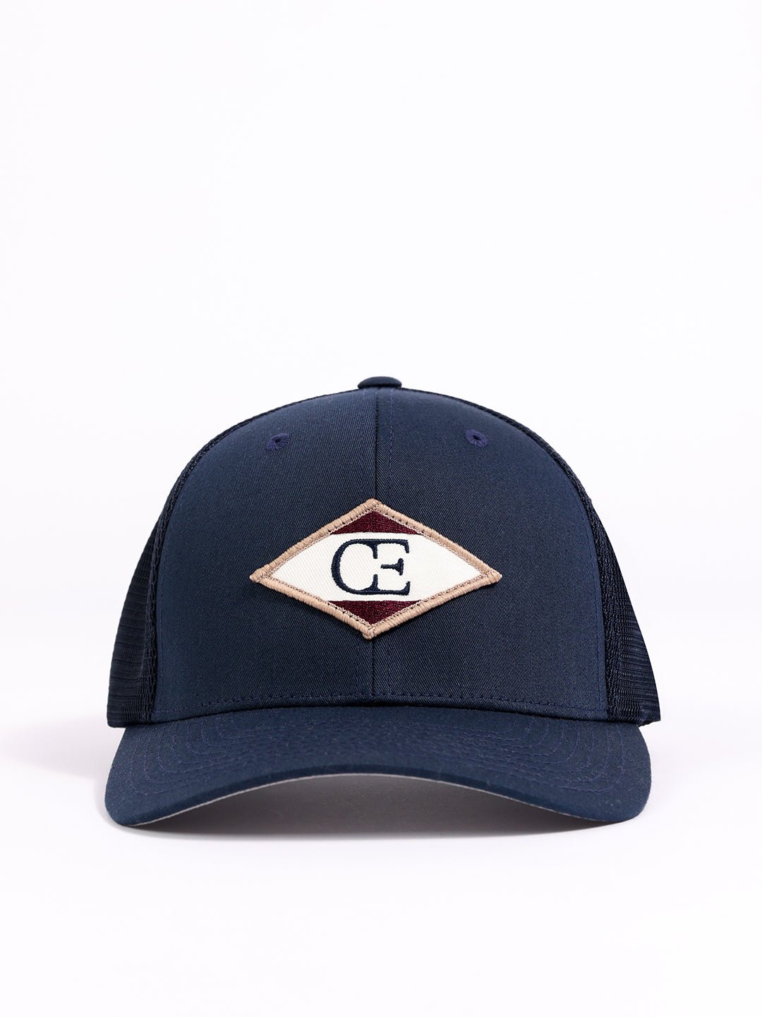 Studio shot of navy diamond mesh trucker hat |Color:Navy