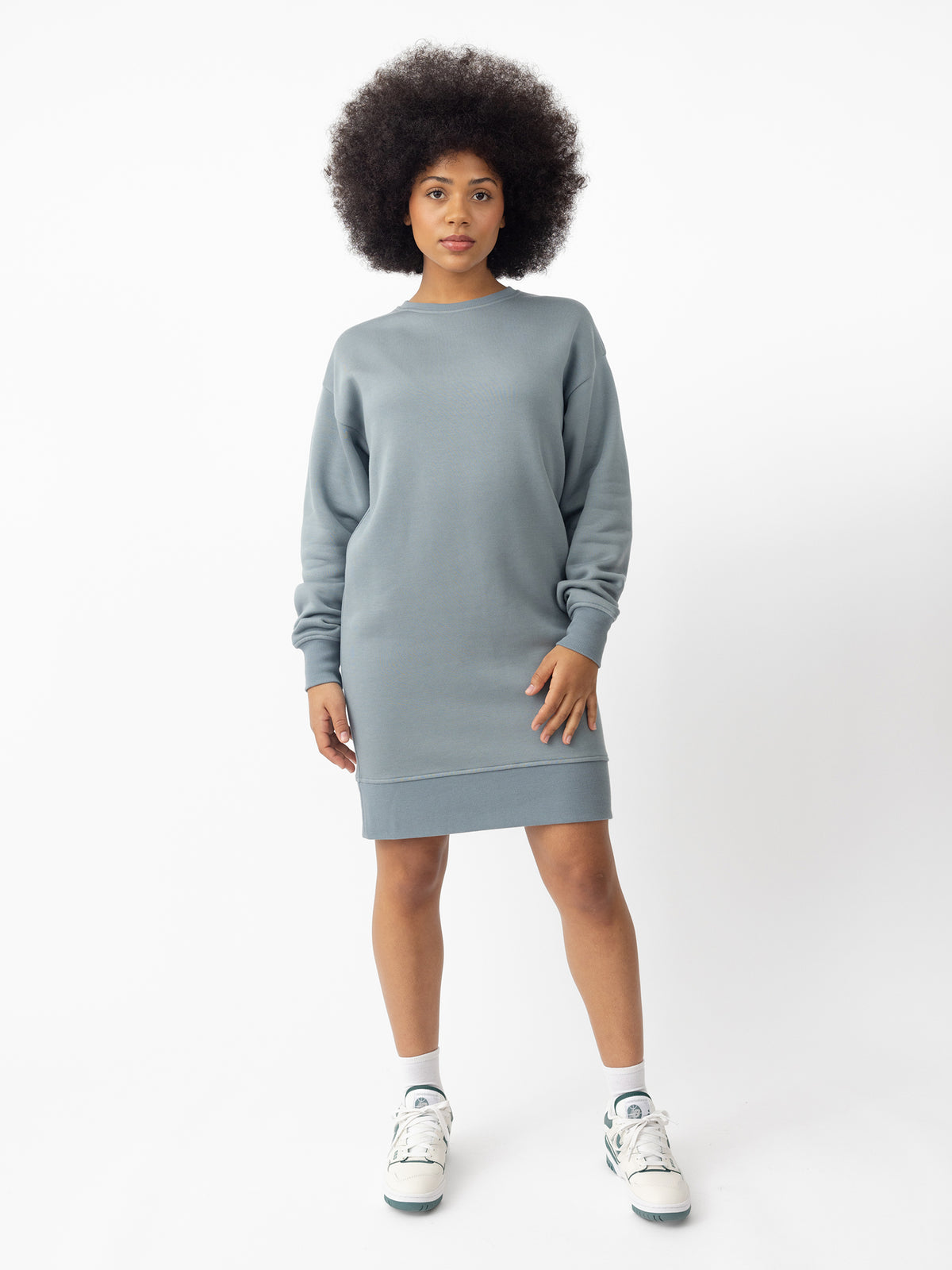 Woman wearing Smokey Blue CityScape Crewneck Dress with white background |Color:Smokey Blue