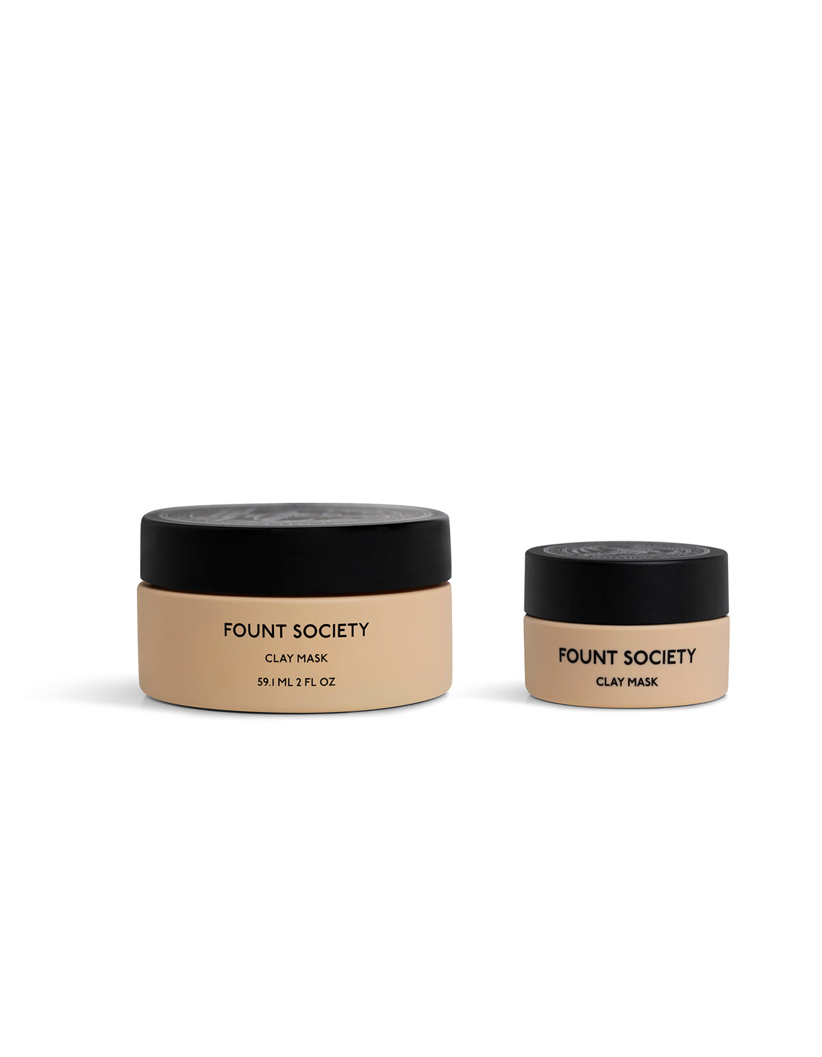 Two beige jars with black lids, labeled "Cozy Earth Clay Mask," are shown against a white background. The larger jar holds 59 mL (2 fl oz) while the smaller jar's volume is unspecified.