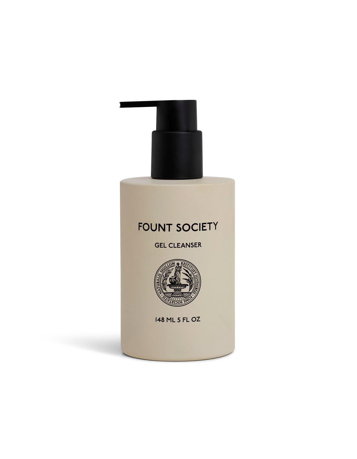 A beige bottle with a black pump labeled "Cozy Earth Gel Cleanser," featuring a round emblem and "148 ML 5 FL OZ" beneath it, stands against a plain white background.