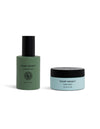 The Hydration Duo by Cozy Earth: a green-bottled hydrating serum with black pump and a light blue water cream jar with black lid, both displayed on a white background.