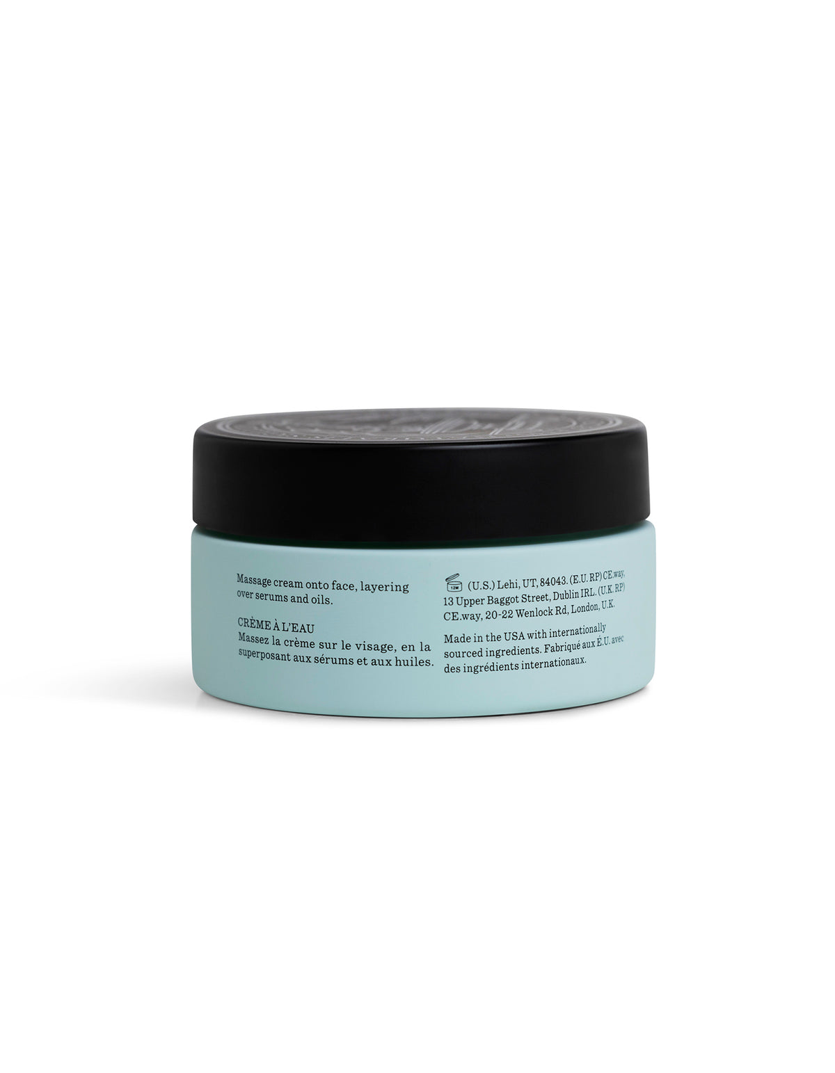 A light blue round jar labeled "The Hydration Duo" by Cozy Earth, with a black lid and side text in English and French detailing directions for use and manufacturing information.