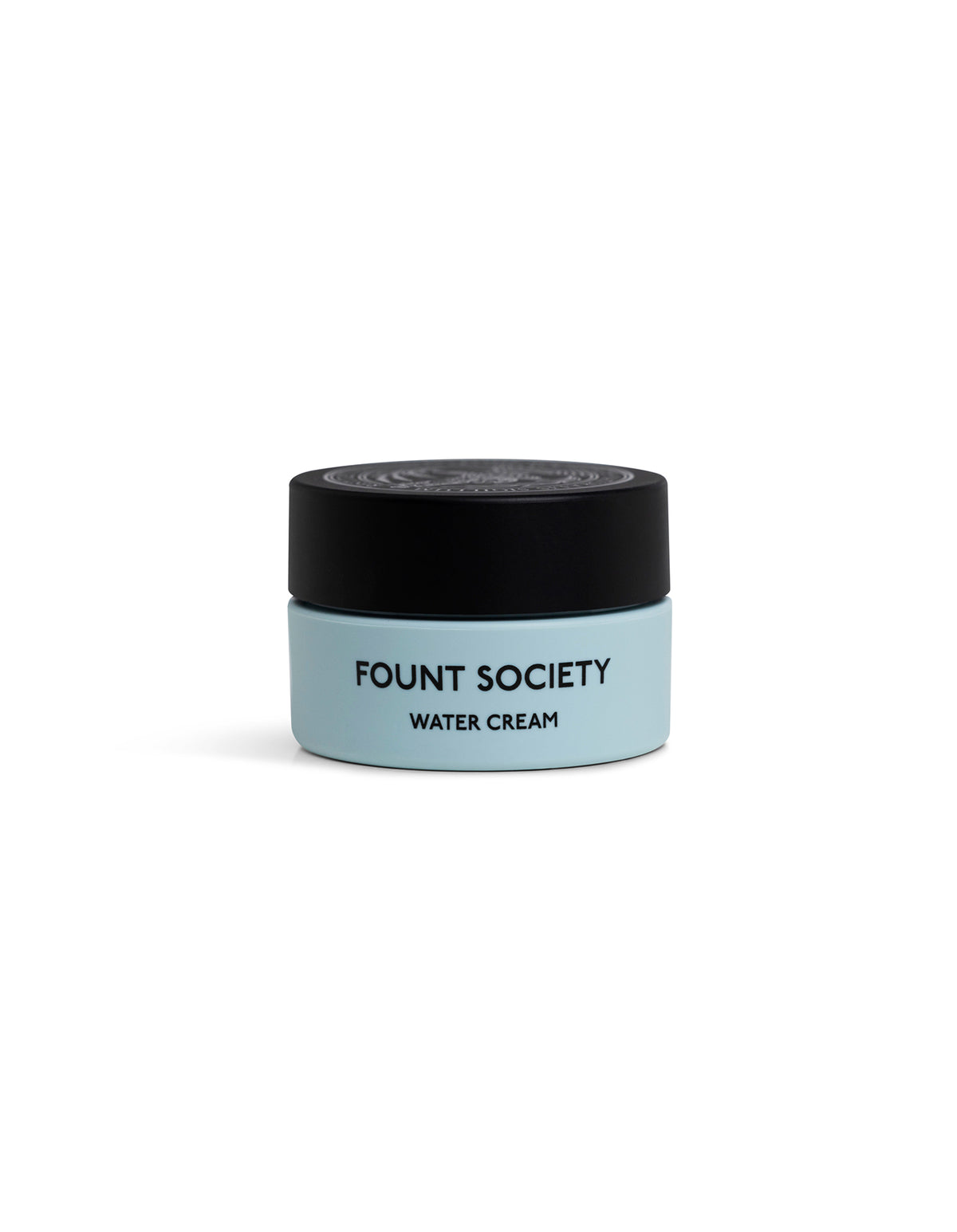 A small, light blue cosmetic jar with a black lid labeled "Cozy Earth Water Cream Moisturizer," centered on a white background. 