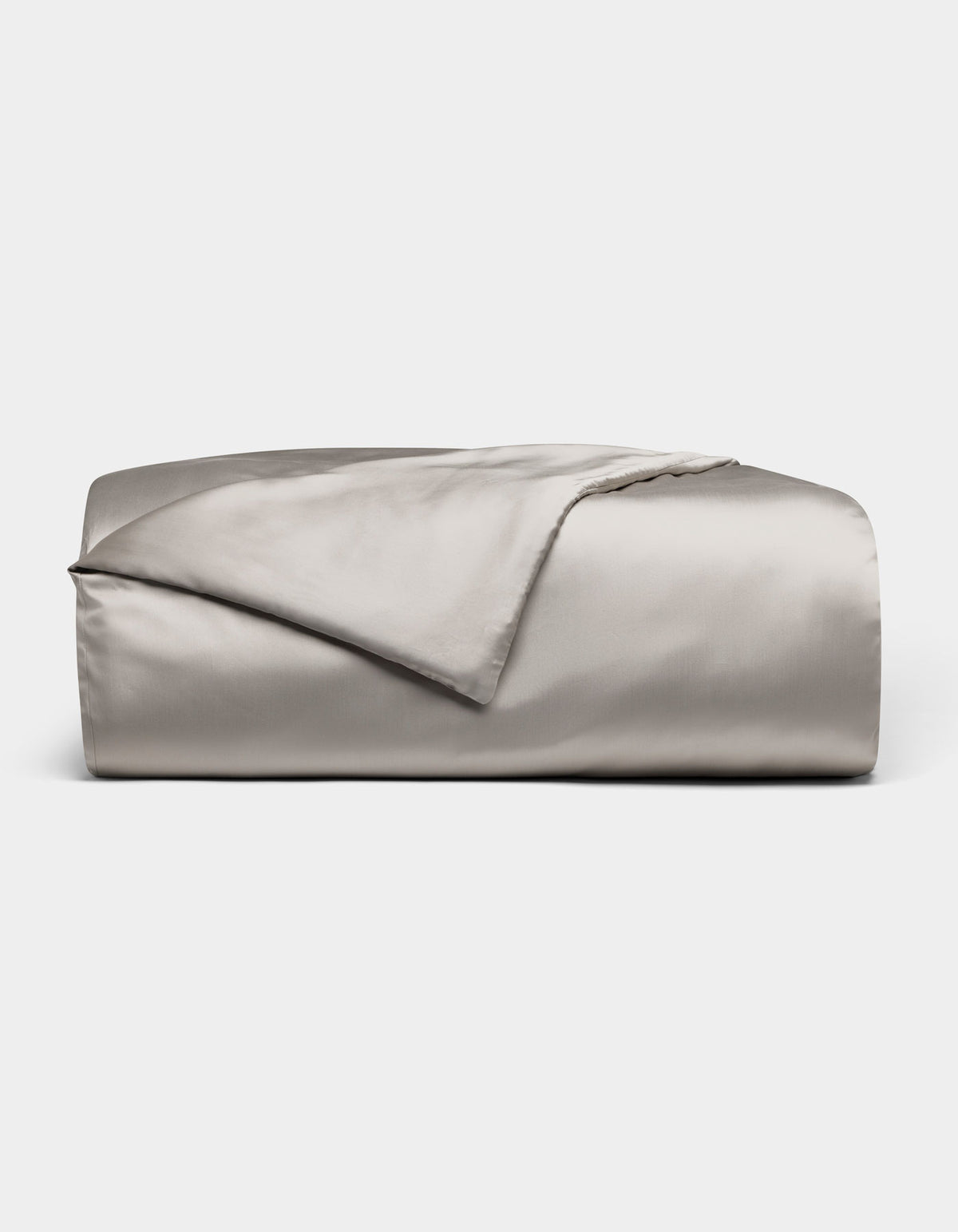 The Cozy Earth Bamboo Duvet Cover, shown neatly folded in light gray with a smooth, shiny satin finish, is displayed on a plain white background.