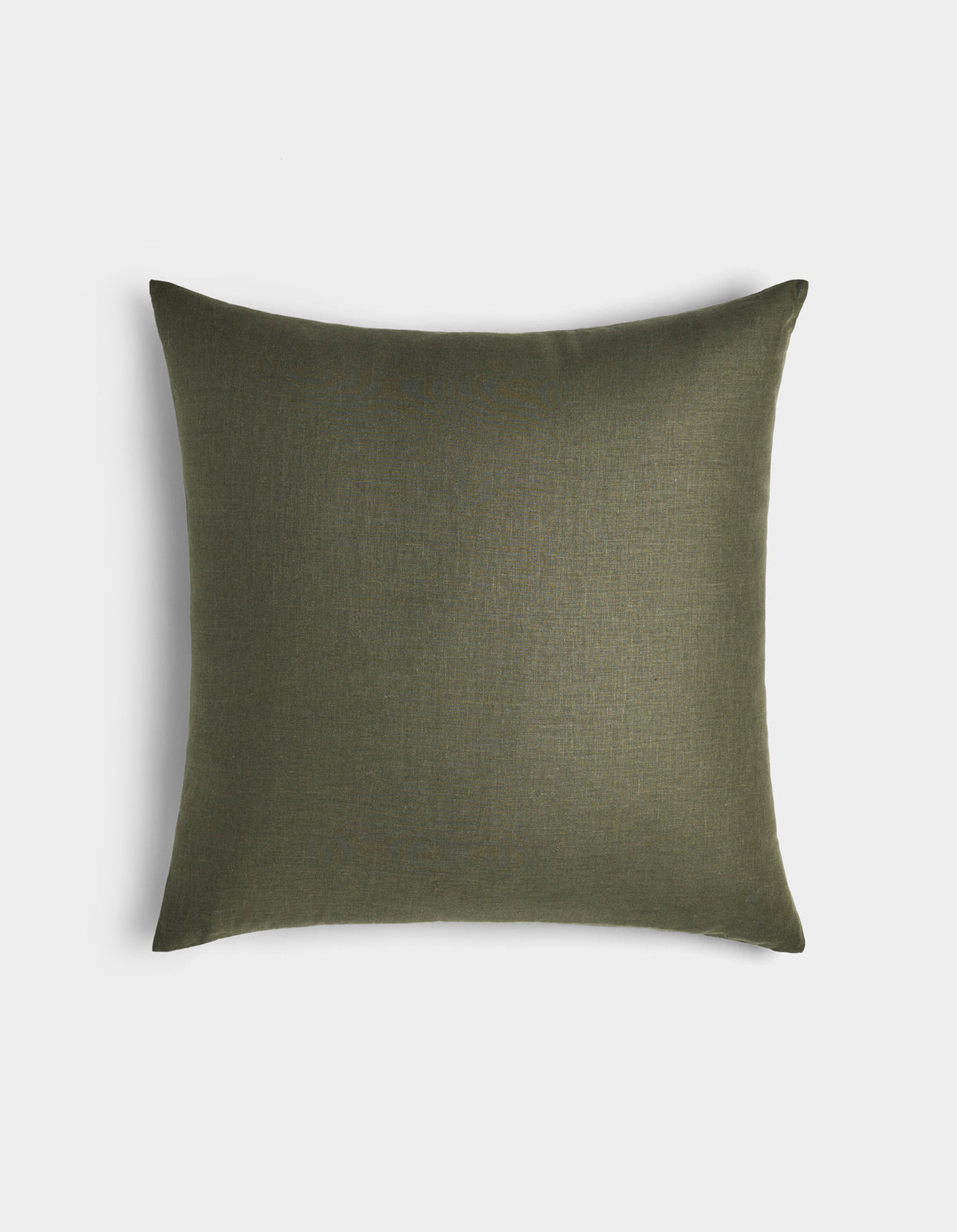 The Cozy Earth Linen Throw Pillow features a square shape in olive green with a plain, smooth fabric texture, displayed against a light gray background.