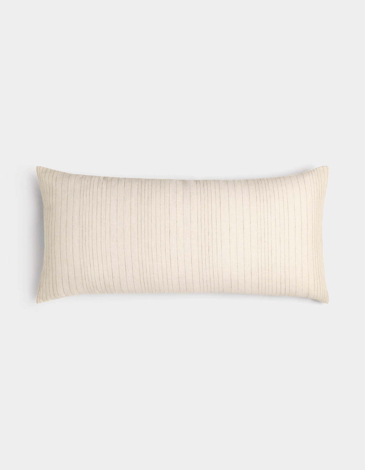 The Cozy Earth Striped Throw Pillow is rectangular and cream-colored with thin, vertical light brown stripes, displayed on a plain white background.