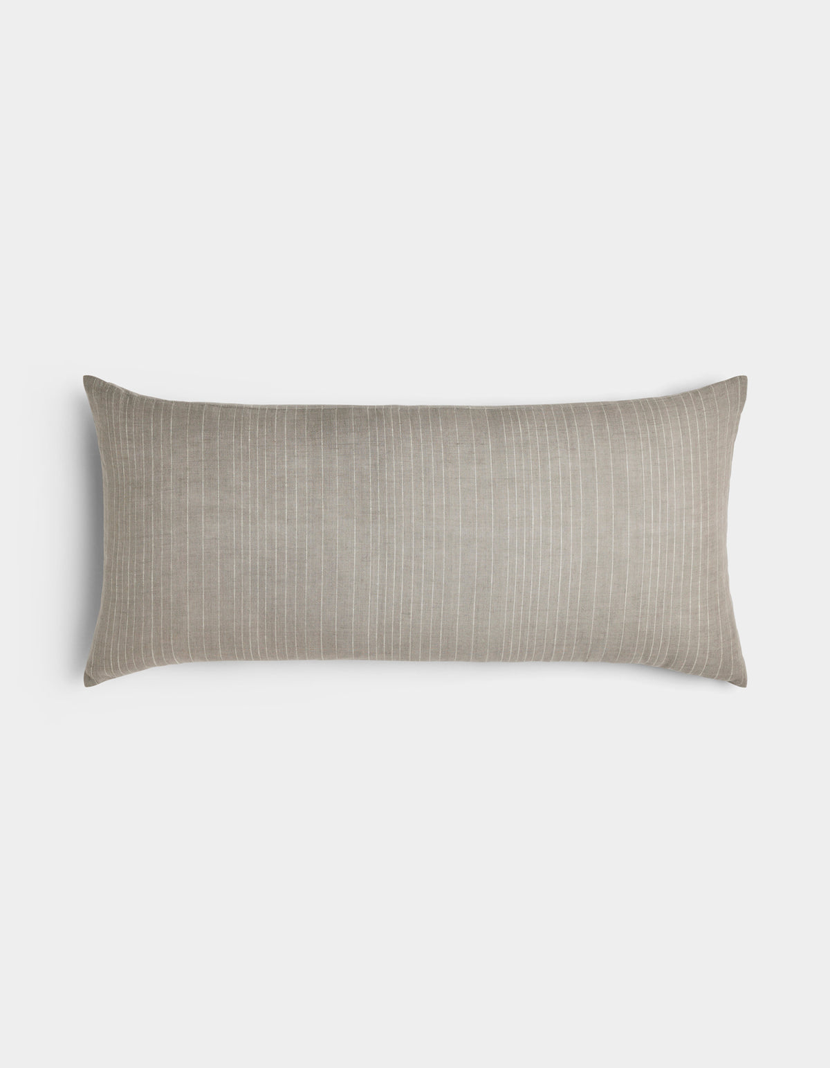 The Cozy Earth Striped Throw Pillow is a long rectangular beige accent with subtle white vertical pinstripes, shown on a plain light gray background.