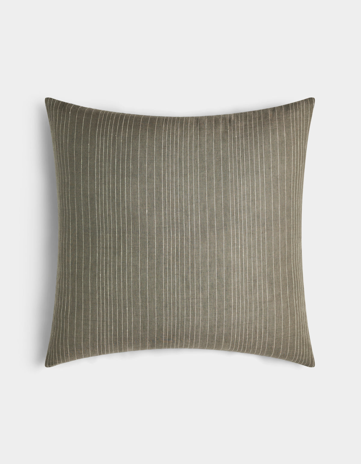 The Cozy Earth Striped Throw Pillow features thin white vertical pinstripes on a muted olive green rectangular cover, shown against a plain white background.