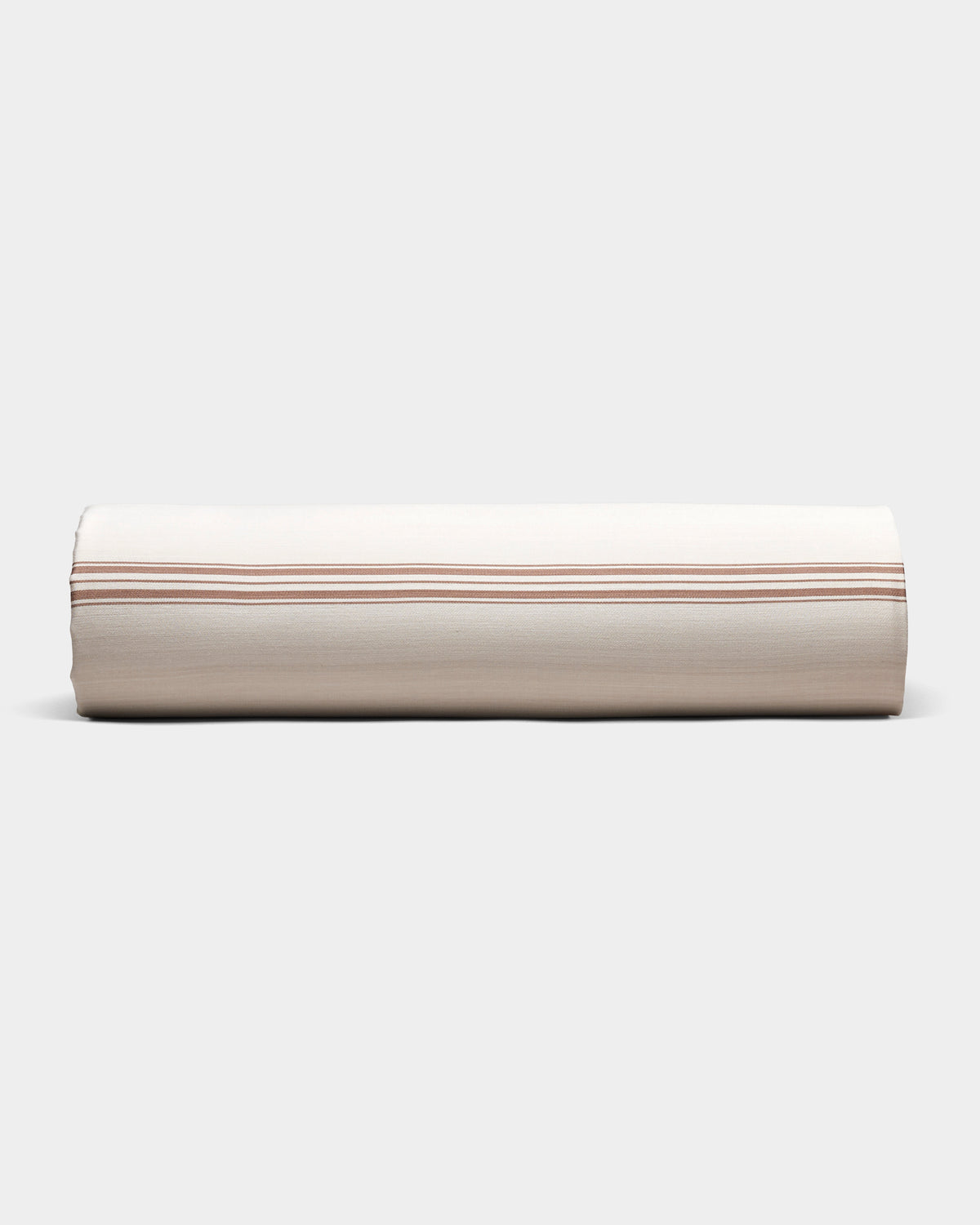 The Cozy Earth Bamboo Sheet Set is shown neatly rolled in beige fabric with thin, evenly spaced brown stripes, on a plain light gray background.