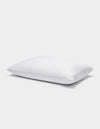 A single Cozy Earth Cooling Pillow Protector in white is displayed against a plain light gray background, featuring a small fabric tag on its side.