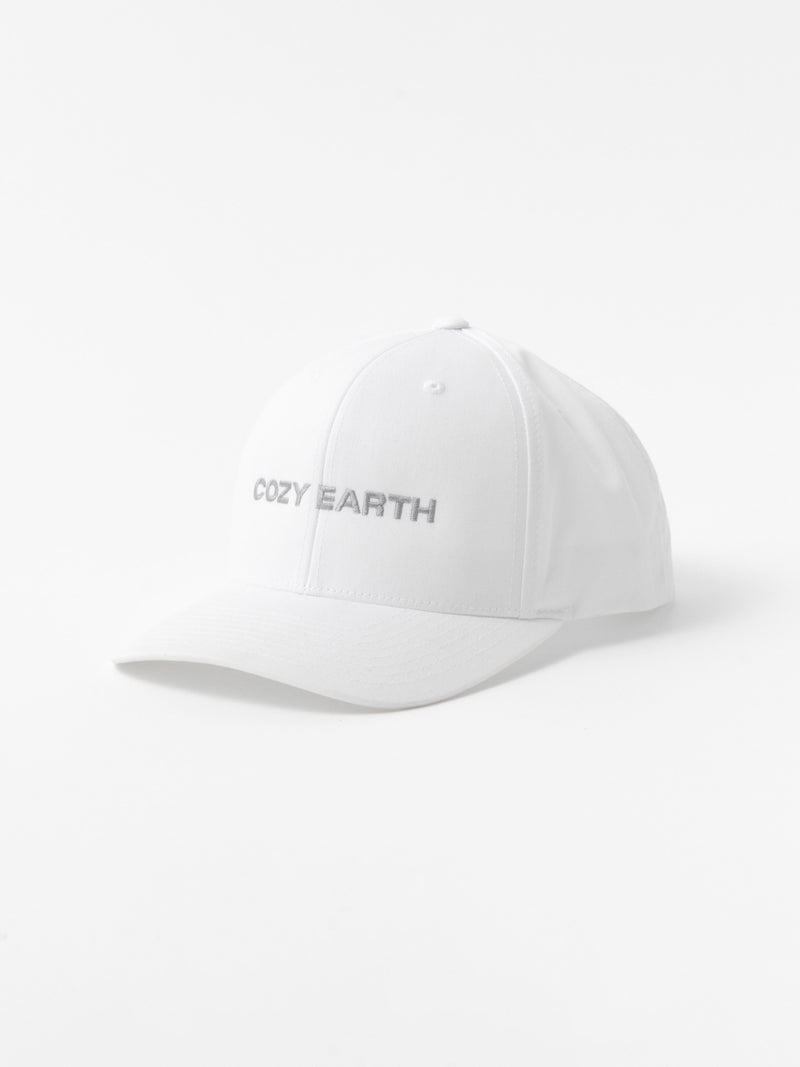 White cap with 'COZY EARTH' text on a white background
