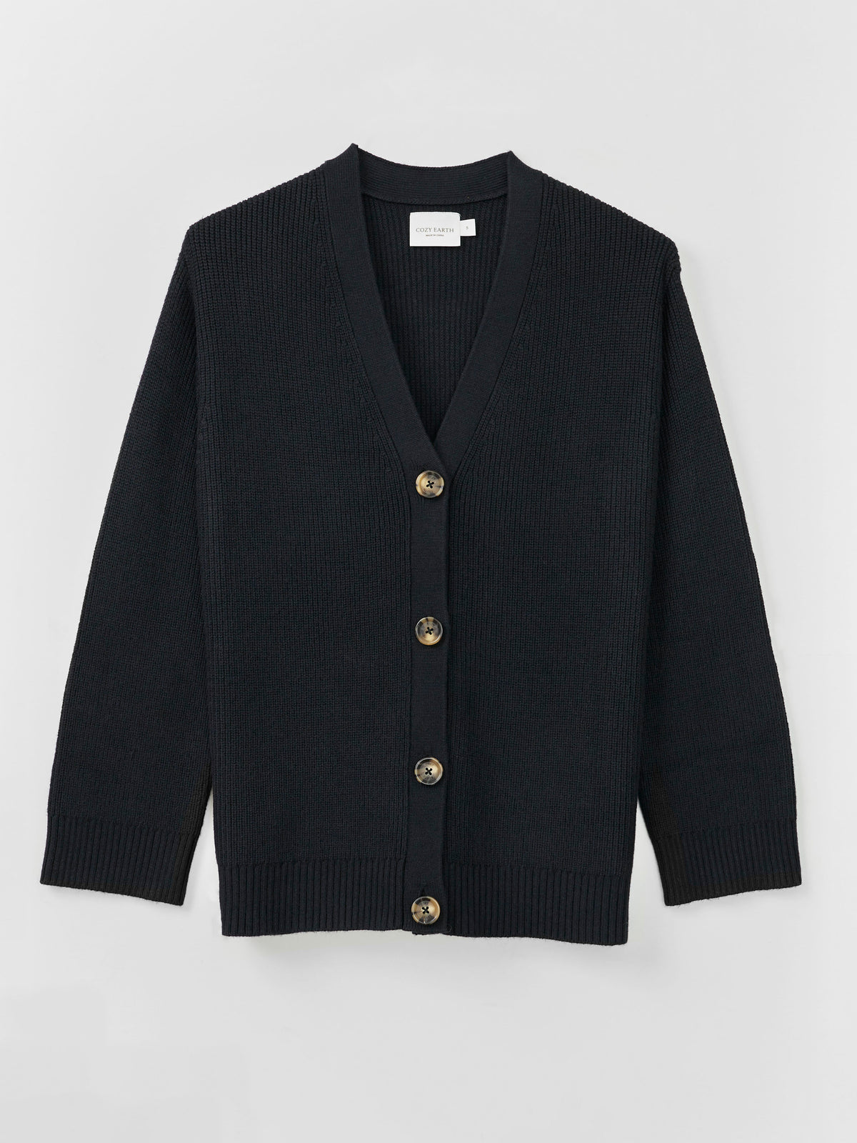 A Cozy Earth Classic Cardigan in Black lies on a white background 