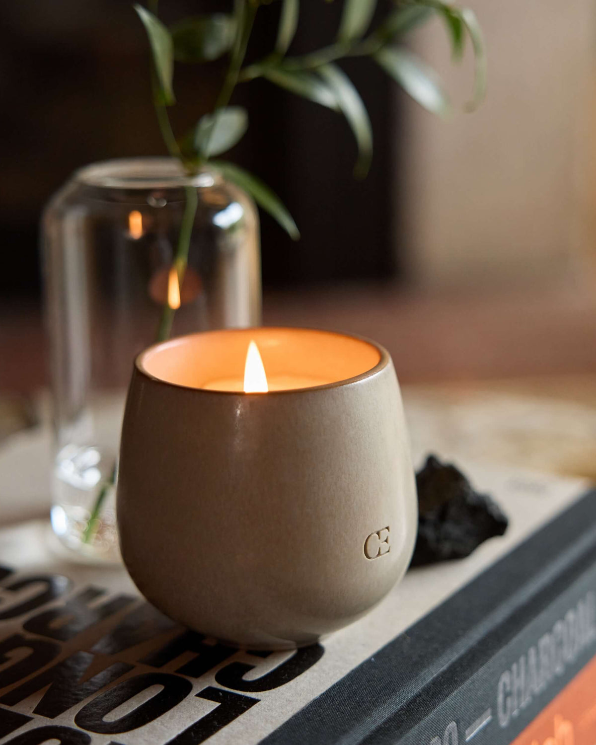 The Candle EMBER by Cozy Earth, in a round beige holder, sits atop a stack of books beside a glass vase with greenery, creating a calm and cozy atmosphere.