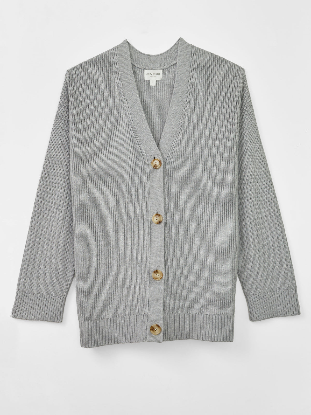 A Cozy Earth Classic Cardigan in grey lies on a white background 