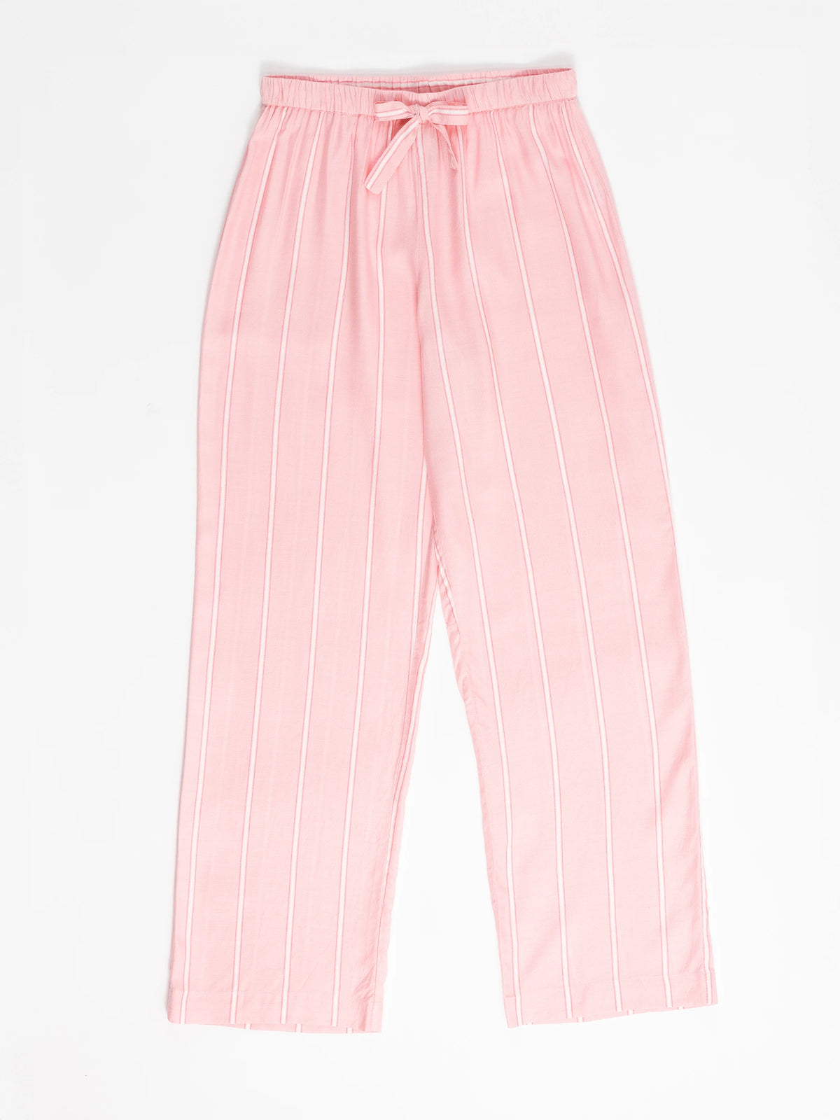 The Women's Soft Woven Pajama Pant by Cozy Earth is pink with white vertical stripes, featuring an elastic waistband and front tie, displayed on a white background. 