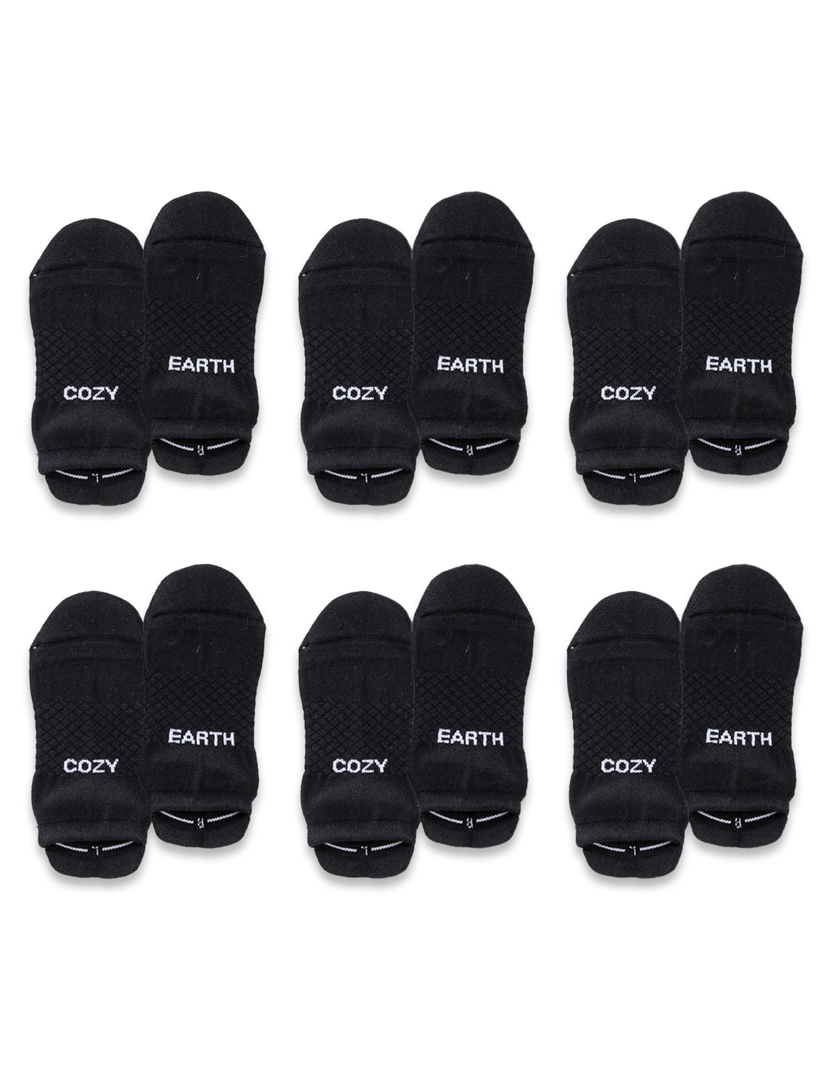 Six pairs of black Essential Ankle Socks by Cozy Earth are arranged in two rows, each pair featuring the brand's name in white text near the toes. 