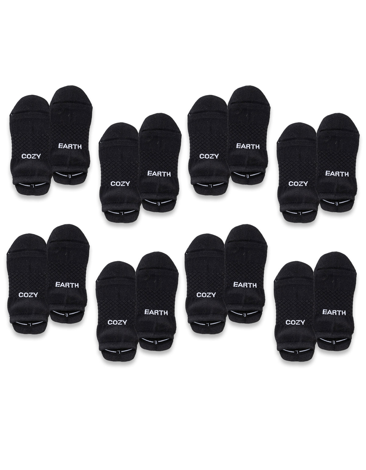 The Cozy Earth Essential Ankle Sock 8-Pack features black ankle socks with a simple, solid design. Each pair displays either "COZY" or "EARTH" in white on the toes. Socks are neatly arranged in rows. 