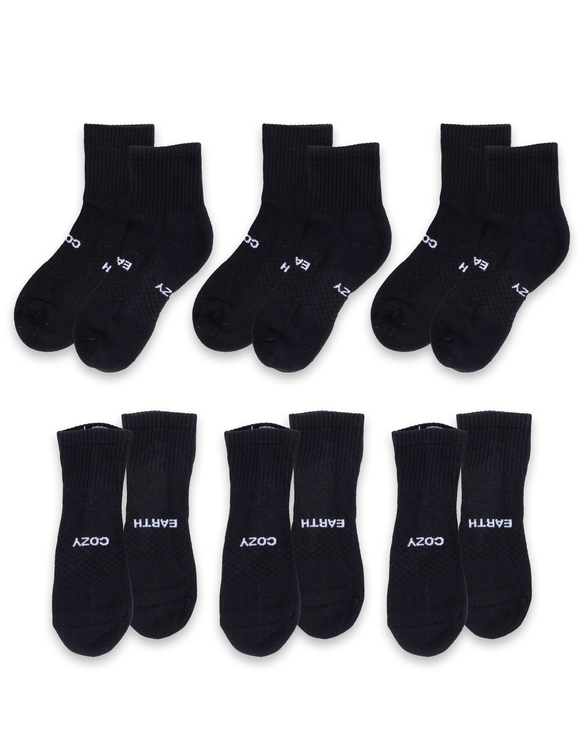 Six pairs of Essential Quarter Socks by Cozy Earth are arranged in two rows, with the sock bottoms featuring "COZY" and "EARTH" in white text. 