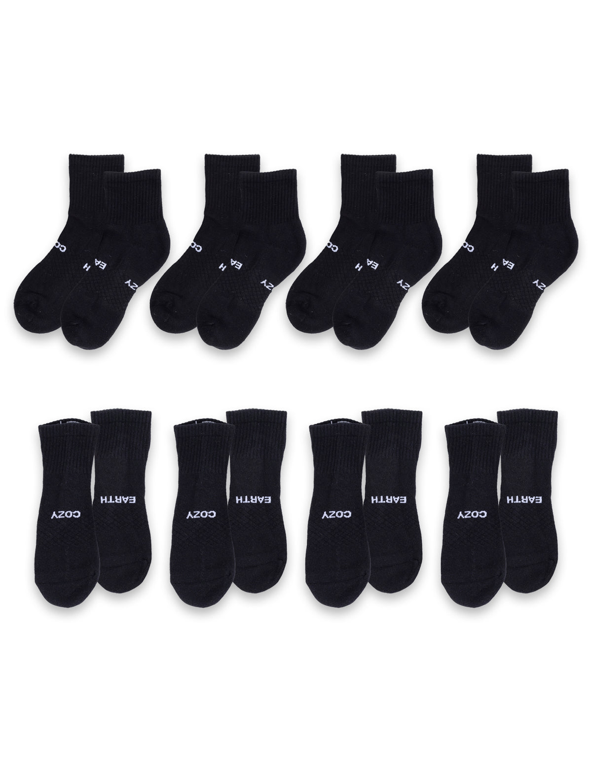 Eight pairs of black Essential Quarter Socks by Cozy Earth are arranged on a white background, each with "COZY" printed in white on the toes. 