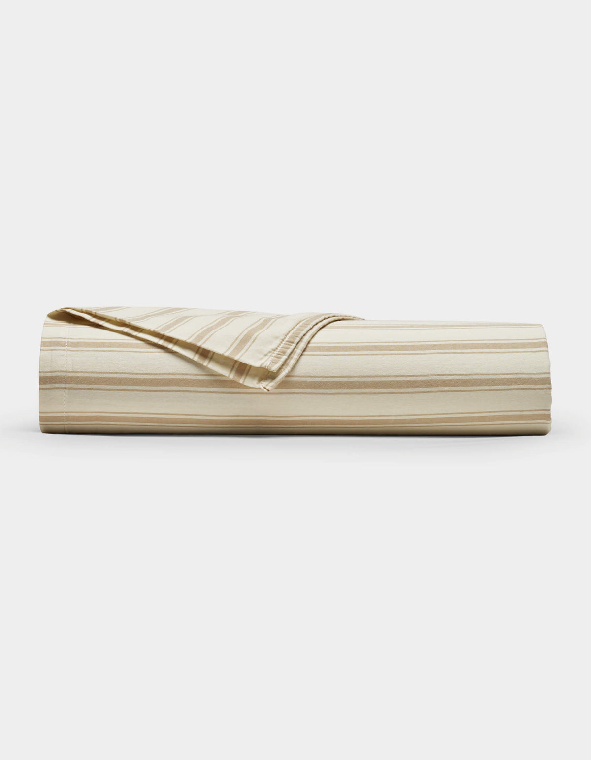 The Cozy Earth Soft-Wash Cotton Flat Sheet, shown neatly folded with a corner turned down to reveal the reverse side, features beige and cream stripes and is displayed against a plain white background.