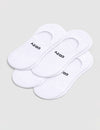 A 4-pack of white Men's Essential No-Show Socks by Cozy Earth, each pair featuring "COZY" in black, displayed on a plain white background.|Color:White