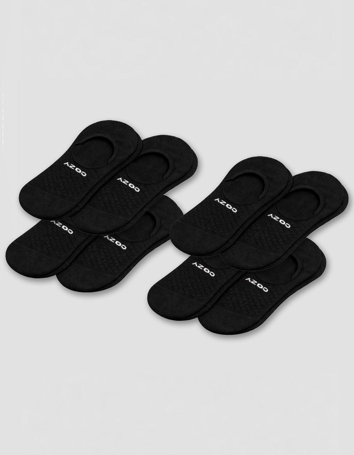 Eight pairs of black Cozy Earth Essential No-Show Socks are displayed in two rows on a plain background, featuring a low-cut design with the brand name near the heel.