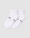 The Cozy Earth Men's Essential Quarter Sock features white ribbed cuffs and a discreet black text design on the sides, displayed against a plain light background.|Color:White