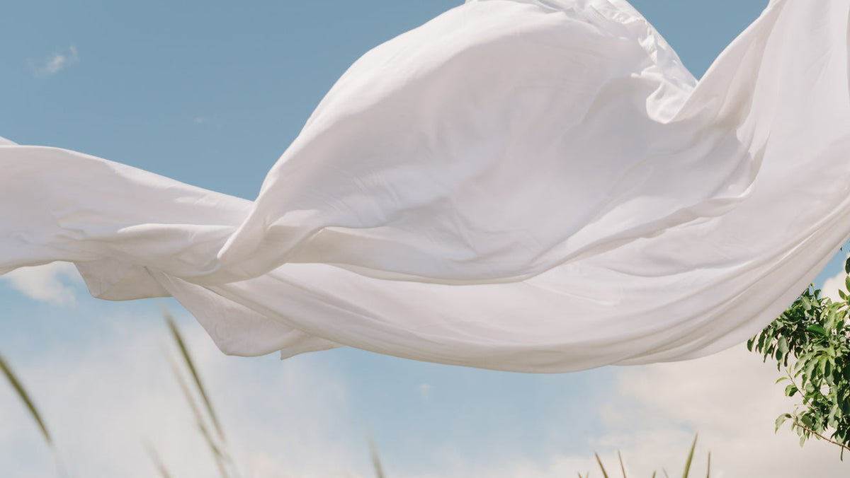 A white sheet billows gracefully in the wind against a blue sky with clouds, above tall green grass and leafy branches.
