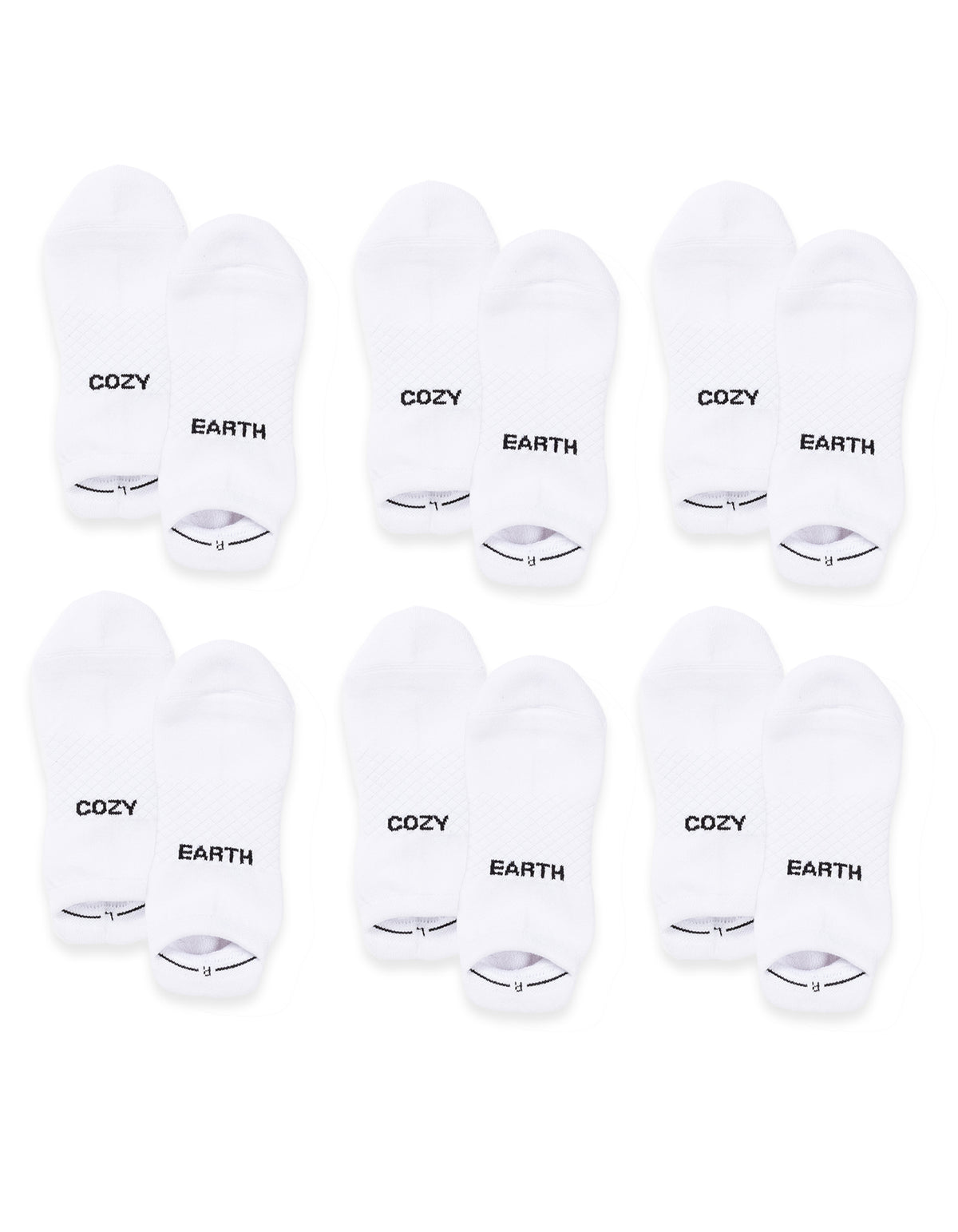 Six pairs of Cozy Earth Essential Ankle Socks are arranged in two rows on a white background. Each white sock features either "COZY" or "EARTH" in black text on top. 