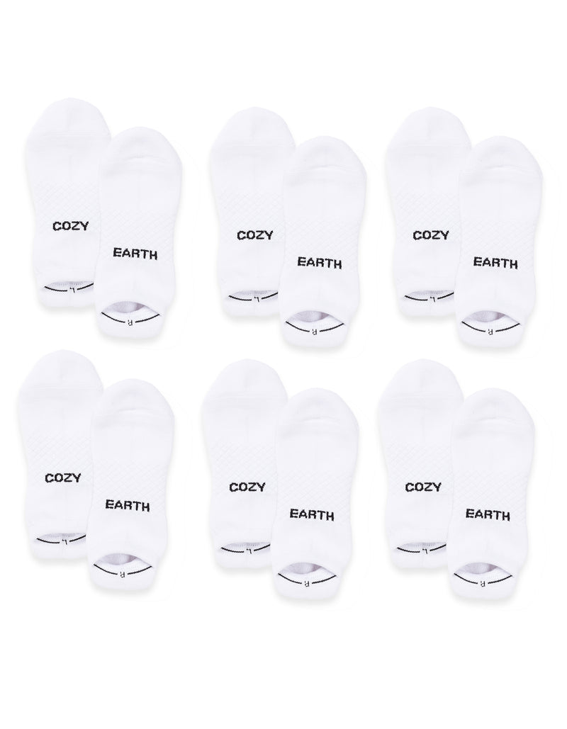 Six pairs of Cozy Earth Essential Ankle Socks are arranged in two rows on a white background. Each white sock features either "COZY" or "EARTH" in black text on top.