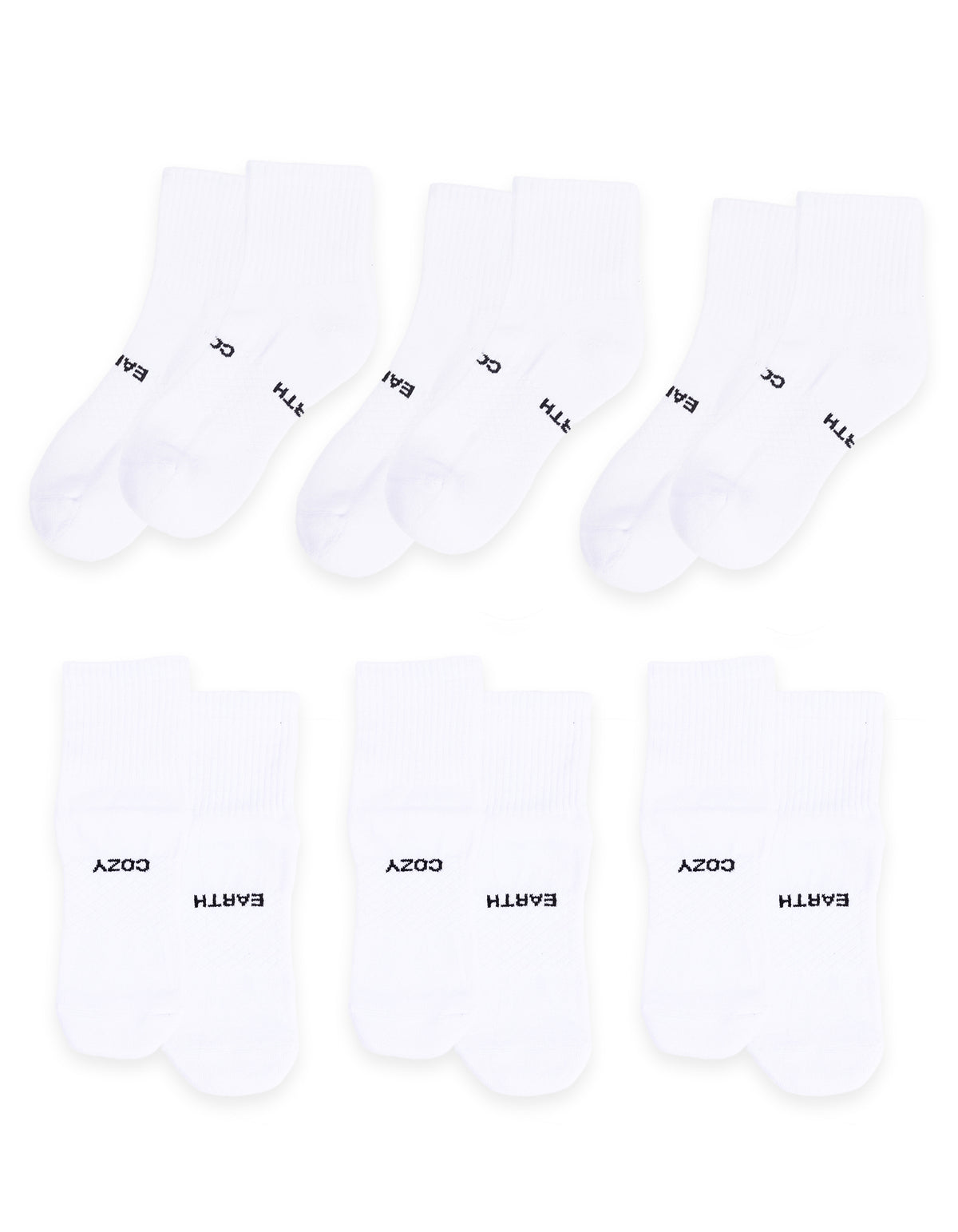 Six pairs of Cozy Earth Essential Quarter Socks are arranged in two rows, each with ribbed cuffs and "EARTH" and "COZY" printed in black on the soles. The socks are plain white and come as a 6-pack.  