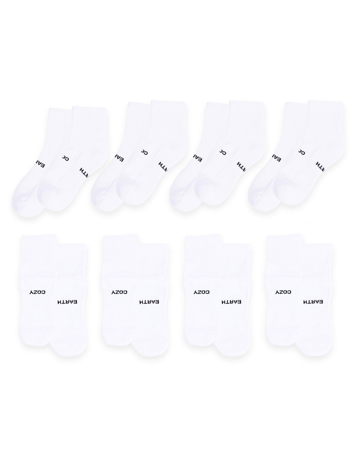 An 8-pack of white Essential Quarter Socks by Cozy Earth, each pair laid out flat with "EARTH" and "COZY" printed in black on the cuffs. 